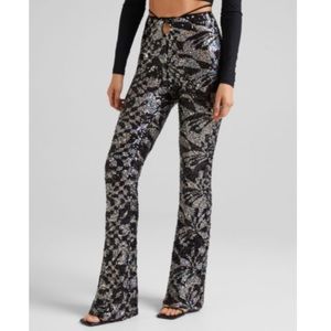 Bershka silver and black sequin flare pants with tie waist
